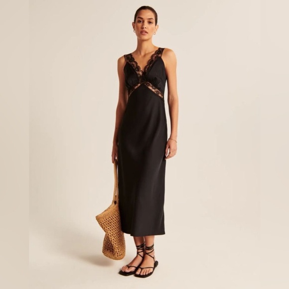 NWT Abercrombie & Fitch black satin midi dress size L